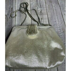 La Regale Evening Shoulder Handbag Clutch Purse Shimmery Silver Lame